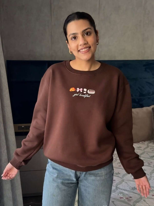 girl breakfast brown sweatshirt